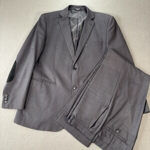 Guy Laroche Suit Mens 42R Jacket Elbow Patch Pants 36x30.5 Wool Striped 2pc Gray